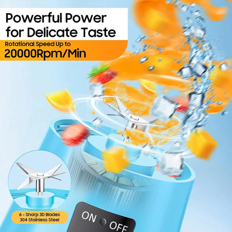 Powerful mini electric juicer with 20000rpm speed and stainless steel blades for smoothie lovers.