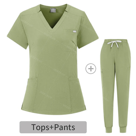 Summer breathable coveralls set featuring a green scrub top and pants, ideal for medical and beauty professionals.