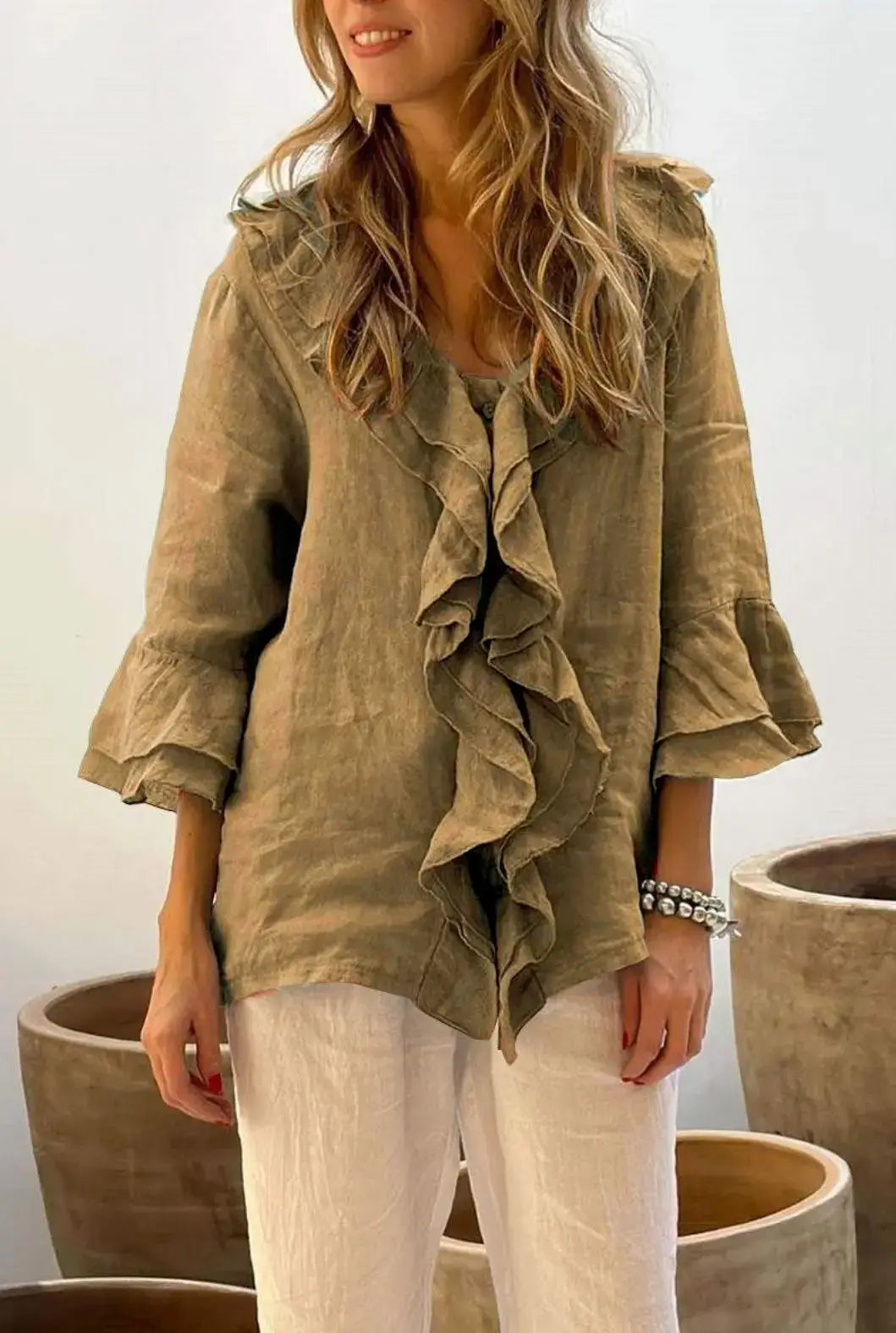 Women Ruffle Button Knit Cardigan
