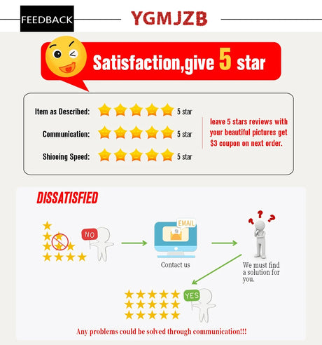 Customer feedback graphic for YGMJZ highlighting satisfaction ratings and communication guidelines.