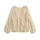 Rufflynn™ – Translucent Ruffle Blouse (V-Neck, Hollow-Out Chic for Spring/Summer)