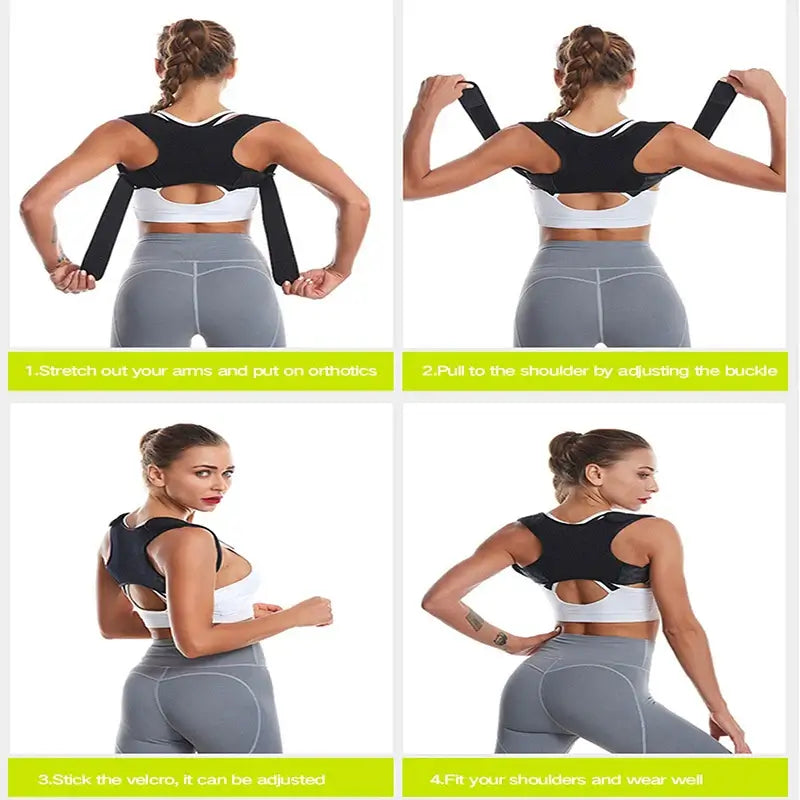Demonstration of adjusting an adjustable posture corrector back brace with step-by-step instructions.