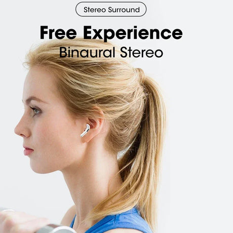 Woman enjoying binaural stereo experience with Pro 4 TWS Wireless Airbuds by BULIAN.