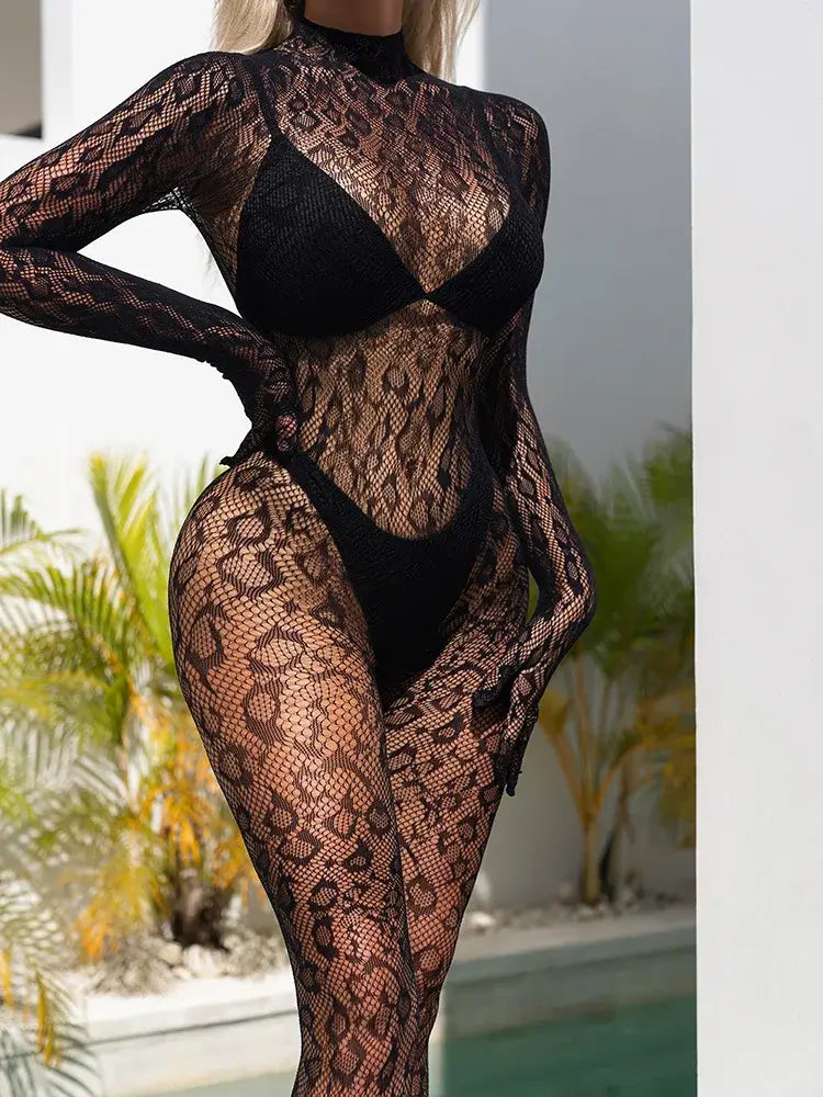 Women Lace Fishnet Long Sleeve Jumpsuit