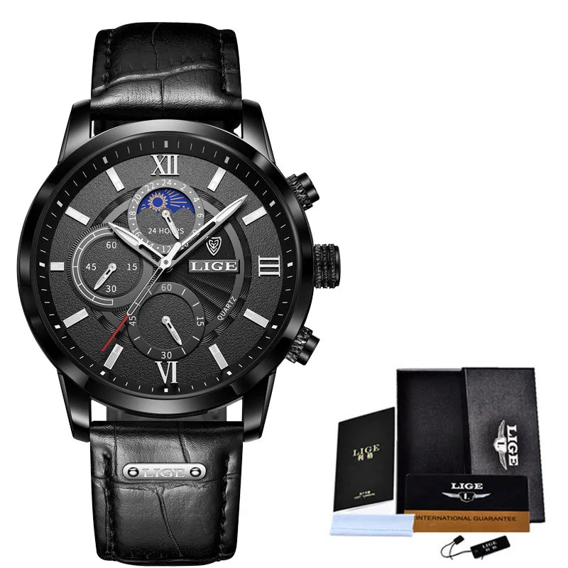 LIGE Men’s Leather Quartz Sports Watch