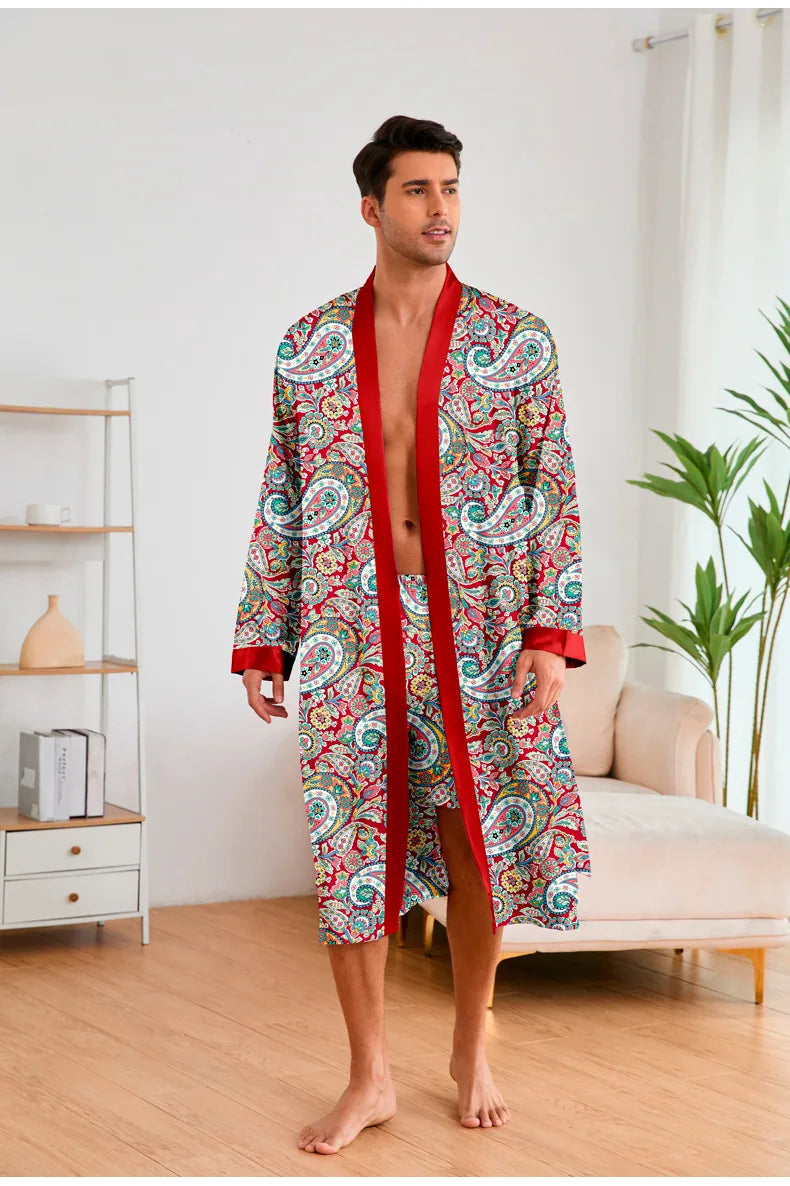 Men’s Leopard Satin Bathrobe Set