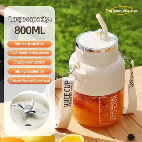 Wireless portable juicing bucket with 800ml capacity, stainless steel blades, and dual power battery for fresh fruit juice.