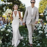 Women Mermaid Crepe Halter Wedding Dress Backless