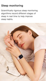 Woman sleeping with LEMFO LT10 Smart Watch monitoring sleep patterns for health improvement.