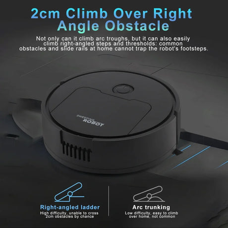 Smart 3-in-1 Sweeping Robot climbing over obstacles, designed for efficient cleaning around right angles.