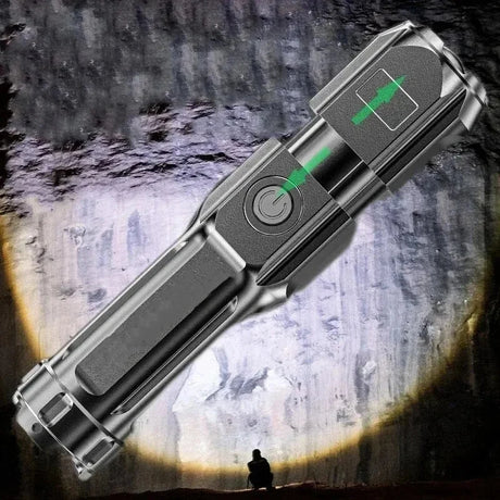 Rechargeable LED tactical flashlight with adjustable beam, displayed against a cave backdrop.