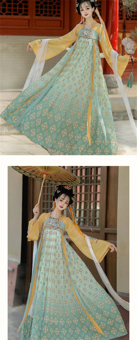 Elegant Tang Suit Hanfu cosplay dress for women featuring floral patterns and flowing sleeves, perfect for Halloween.