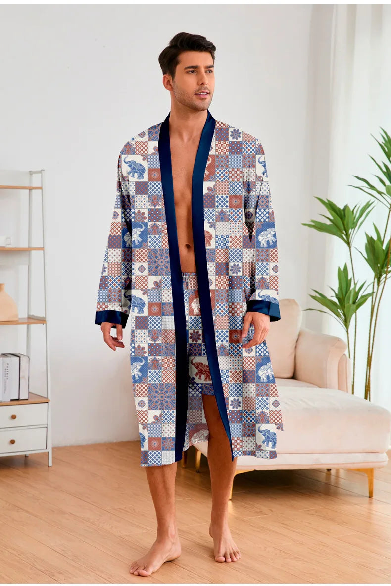 Men’s Leopard Satin Bathrobe Set