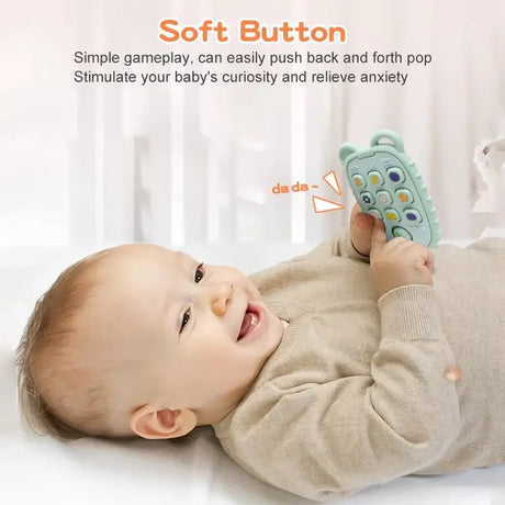 Baby playing with a soft button toy, smiling and stimulating curiosity while relieving anxiety.