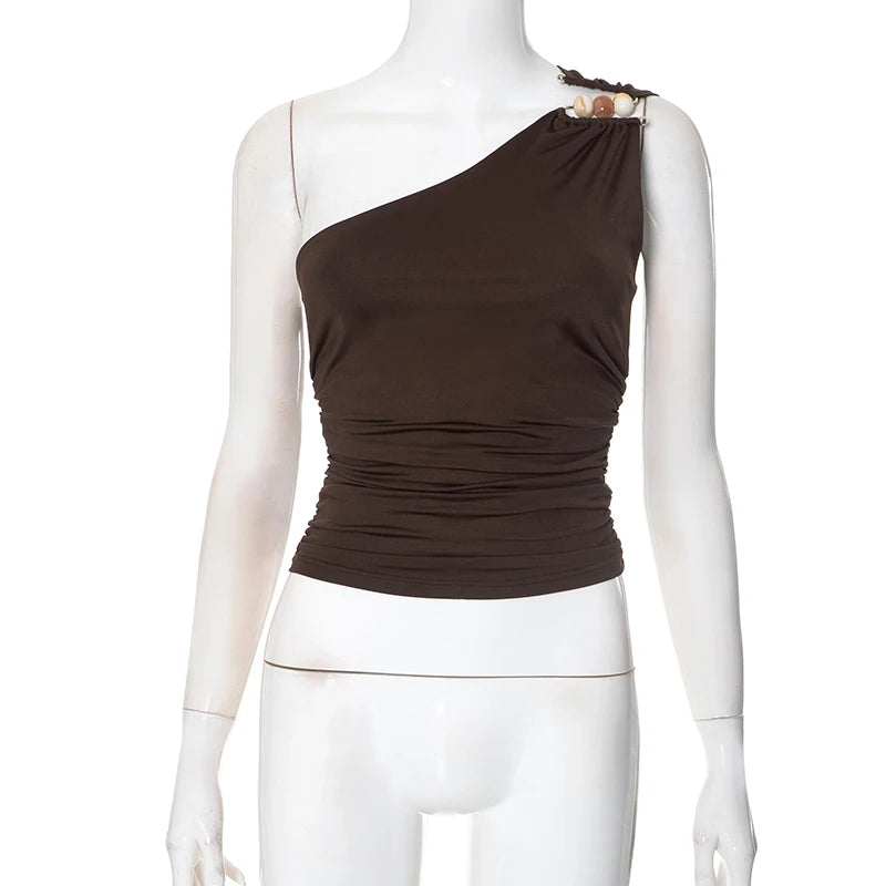 One-Shoulder Beaded Ruched Tank Top