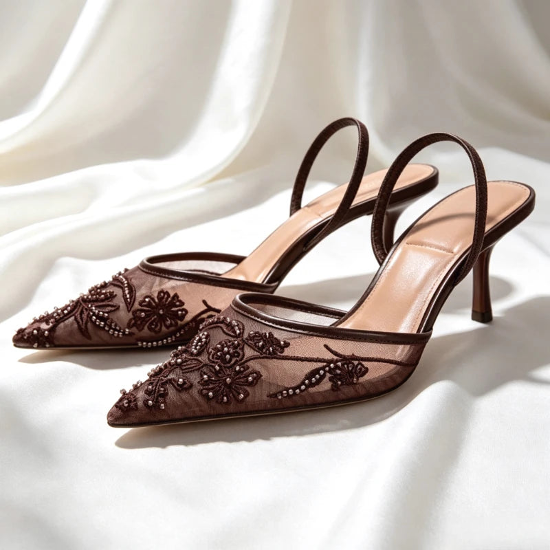 Women’s Brown Embroidered Mesh High Heel Sandals