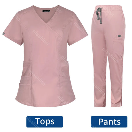 Solid color women's pharmacist lab coat and pants set in pink, made of breathable polyester and rayon blend.