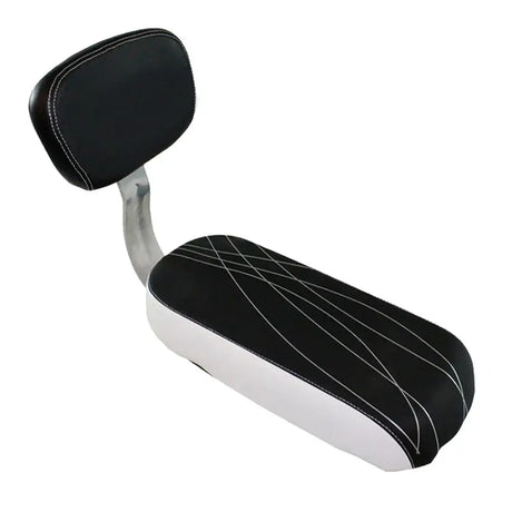 Black and white safety saddle for children's bikes, featuring ergonomic design and removable seat.