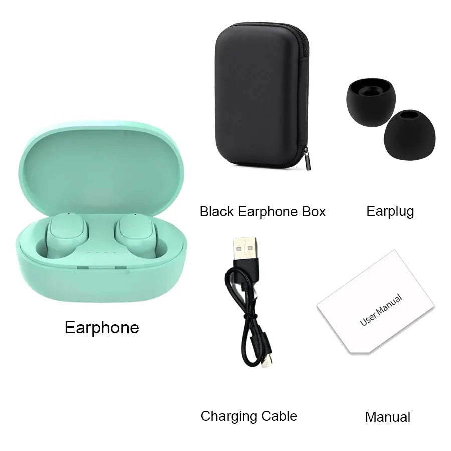 TWS A6S Wireless Bluetooth Headset components: earphones, charging cable, earplugs, user manual, black earphone box.