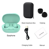 TWS A6S Wireless Bluetooth Headset components: earphones, charging cable, earplugs, user manual, black earphone box.