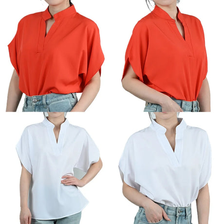 FlareFemme™ V-Neck summer blouse in red and white, featuring short flare sleeves and an elegant loose fit for women.