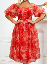 Women Red Floral Off Shoulder Dress