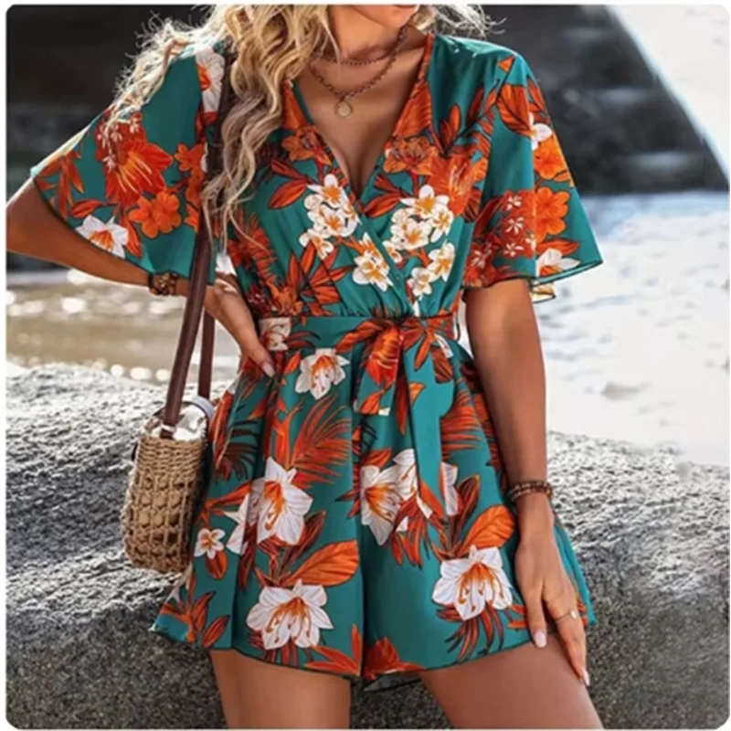 BreezyWave™ – Printed V-Neck Beach Jumpsuit (Fresh, Lightweight & Laid-Back)