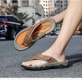 Men Cow Leather Beach Flip Flops Sandals