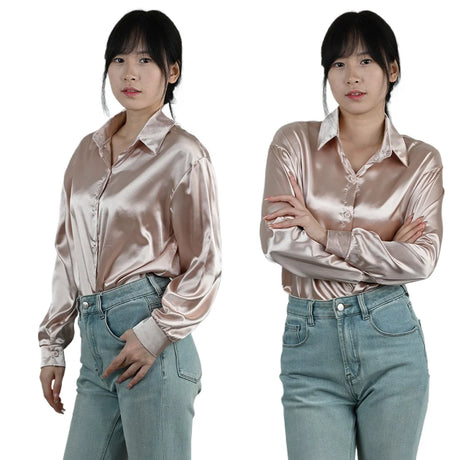 SilkAura™ imitation silk blouse in elegant loose fit, worn by model with light pink satin finish and turn-down collar.