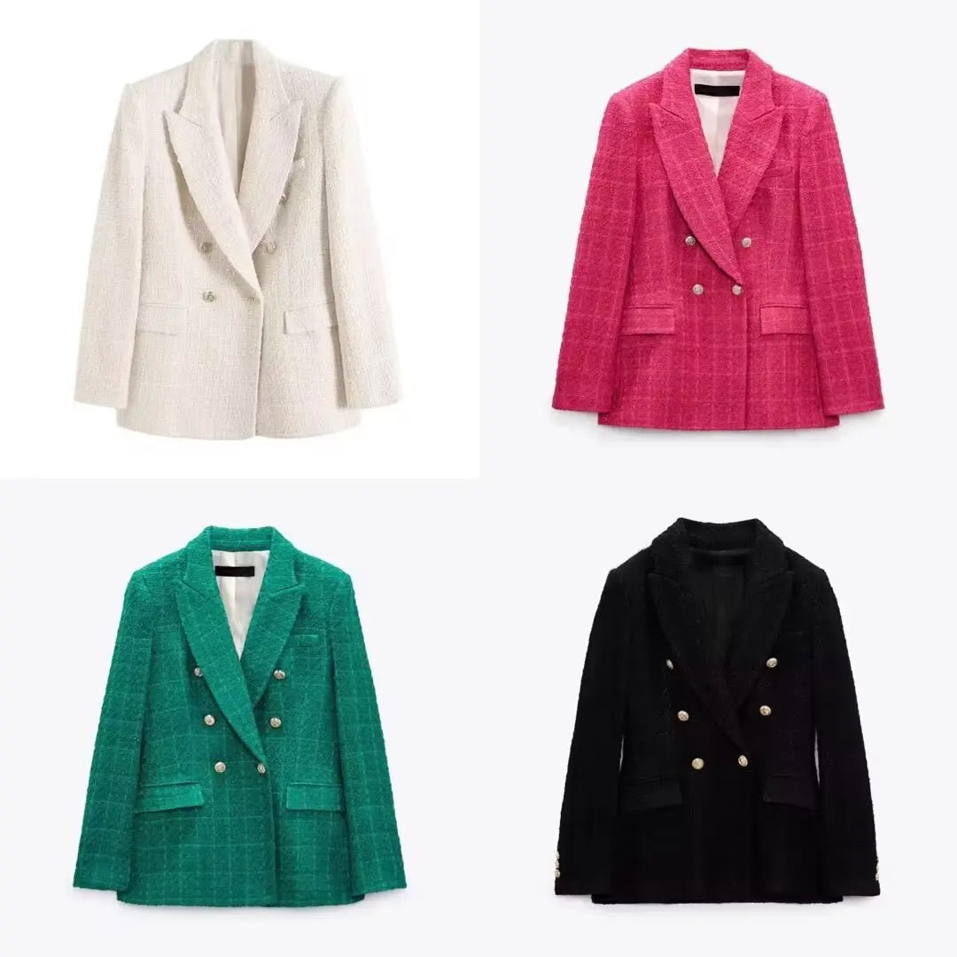 Plaidure™ – Double-Breasted Blazer (Vintage Long Sleeve with Smart Pocket Style)