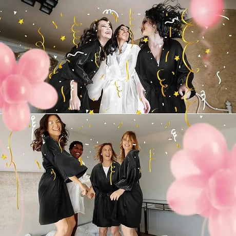 Bridesmaids celebrating in stylish satin robes with balloons and confetti, perfect for wedding festivities.