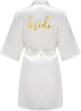 Team Bride satin kimono robe in white with gold lettering on the back, perfect for bridal parties and summer wear.