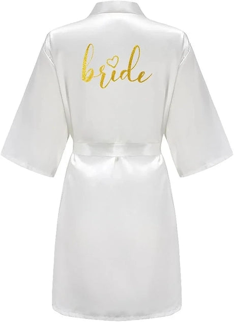 Team Bride satin kimono robe in white with gold lettering on the back, perfect for bridal parties and summer wear.