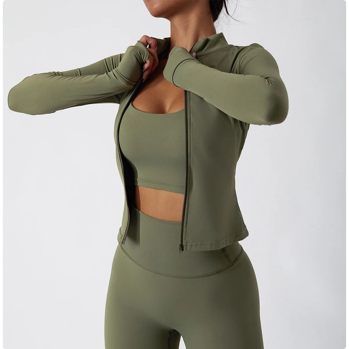 Women's Zip Long Sleeve Yoga Jacket – Slim Fit Gym Training Top