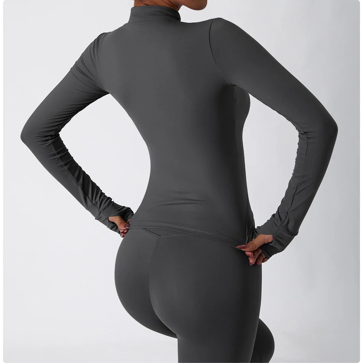 Women's Zip Long Sleeve Yoga Jacket – Slim Fit Gym Training Top