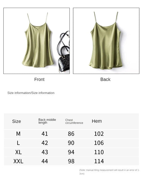 BandeauSilk™ double-layer mulberry silk camisole in olive green, showing front and back views with size chart.