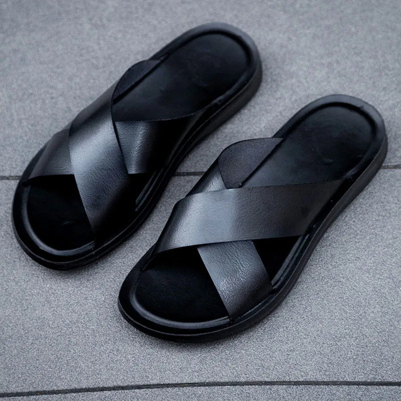 Men Italian PU Leather Slip-On Slippers