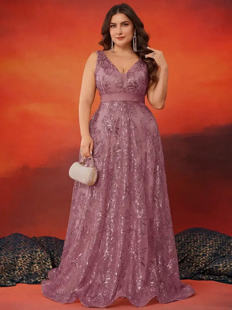 Women Plus Size V-Back Sequin Evening Cocktail Dress