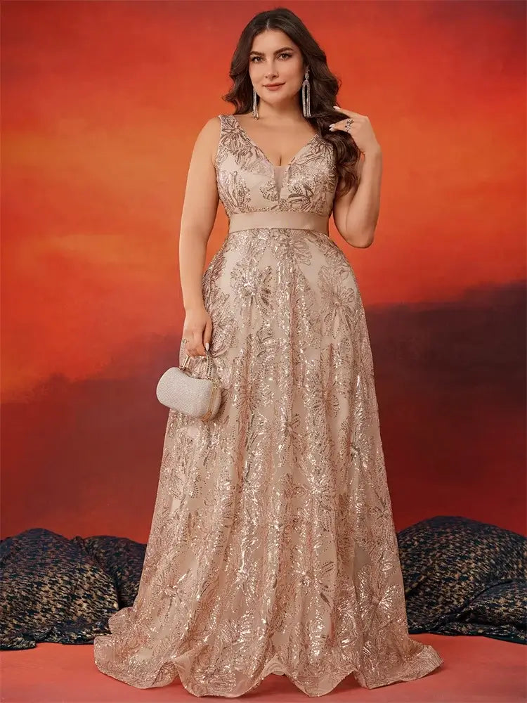 Women Plus Size V-Back Sequin Evening Cocktail Dress