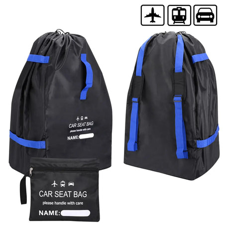 Black car seat travel bag with blue straps, ideal for protecting car seats during transport, featuring a zipper closure.