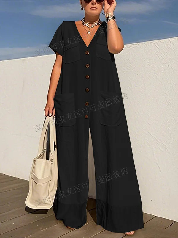 ModiWork™ – V-Neck Button Casual Office Jumpsuit (Smart, Relaxed & Stylish)