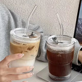 Stripe Glass Cup with Straw