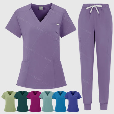 Summer breathable coveralls in various colors, featuring a scrub top and pants, ideal for hospitals and beauty salons.