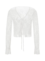 White sheer lace crop cardigan with flare sleeves and sexy front tie detail.