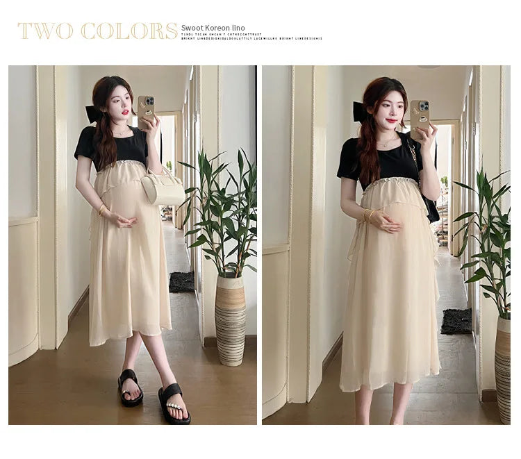Short sleeve maternity dress for casual summer photoshoots, showcasing a stylish solid design in two colors.