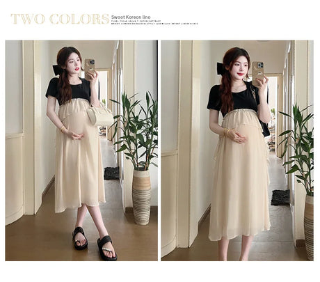 Short sleeve maternity dress for casual summer photoshoots, showcasing a stylish solid design in two colors.