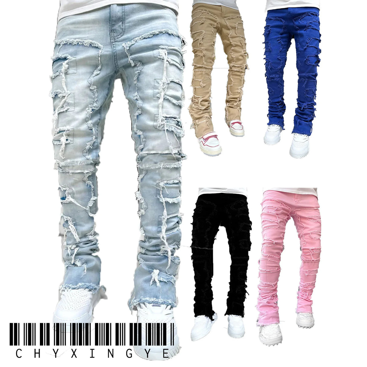 Men Patchwork Stacked Jeans