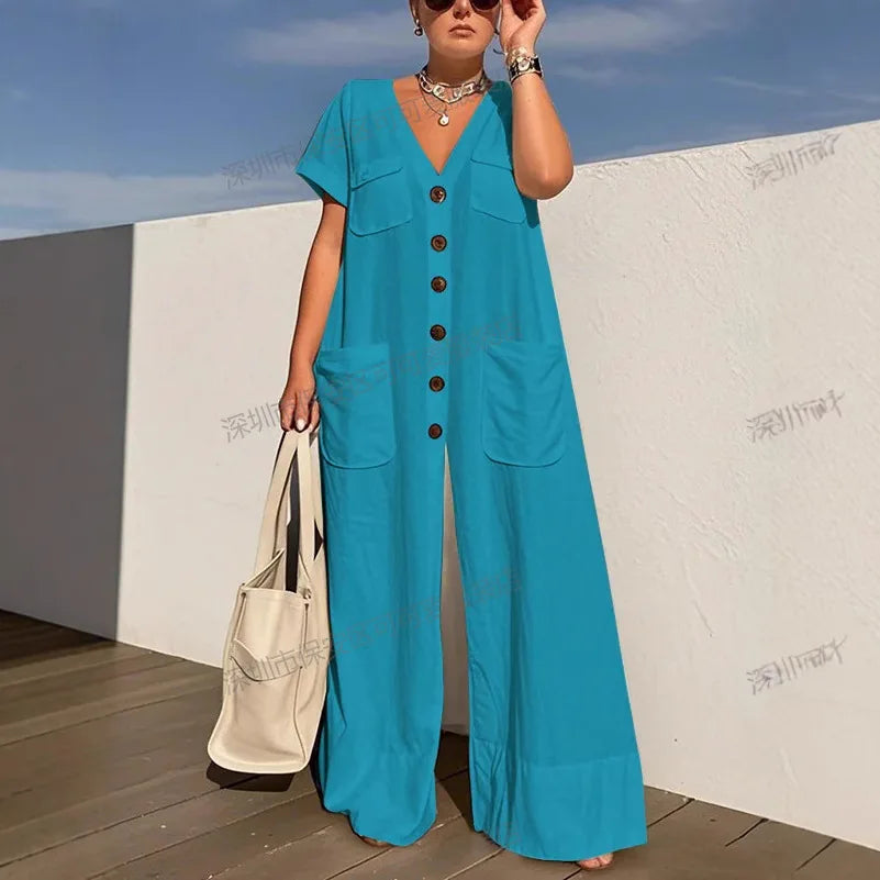 ModiWork™ – V-Neck Button Casual Office Jumpsuit (Smart, Relaxed & Stylish)