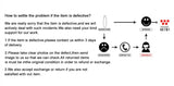 Instructions for handling defective items and return policy, including contact information and process for exchanges.
