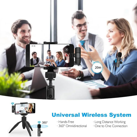 Wireless lavalier microphone system for streaming, featuring hands-free use and 360° omnidirectional sound.